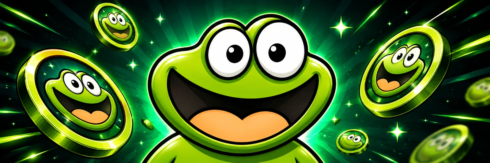 A crowd of grinning frog coins tumbling through green light — the pond in the on-chain era